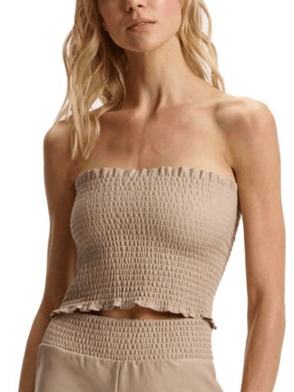 Commando Faux Leather Smocked Tube Top in Sand (S/M)